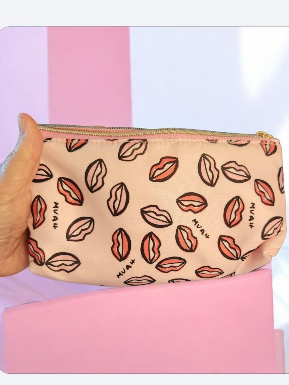 Pink Lip-Print Makeup Pouch - Lightweight Cosmetic Case